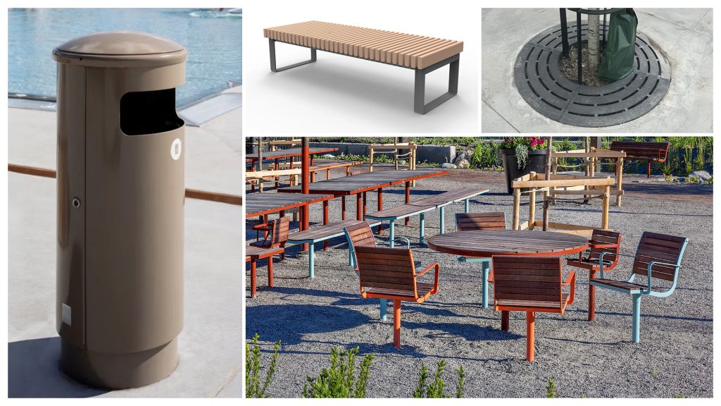 Exempel på utrustning för Sätuna torg, med sittplatser, papperskorgar och planteringar för träd.